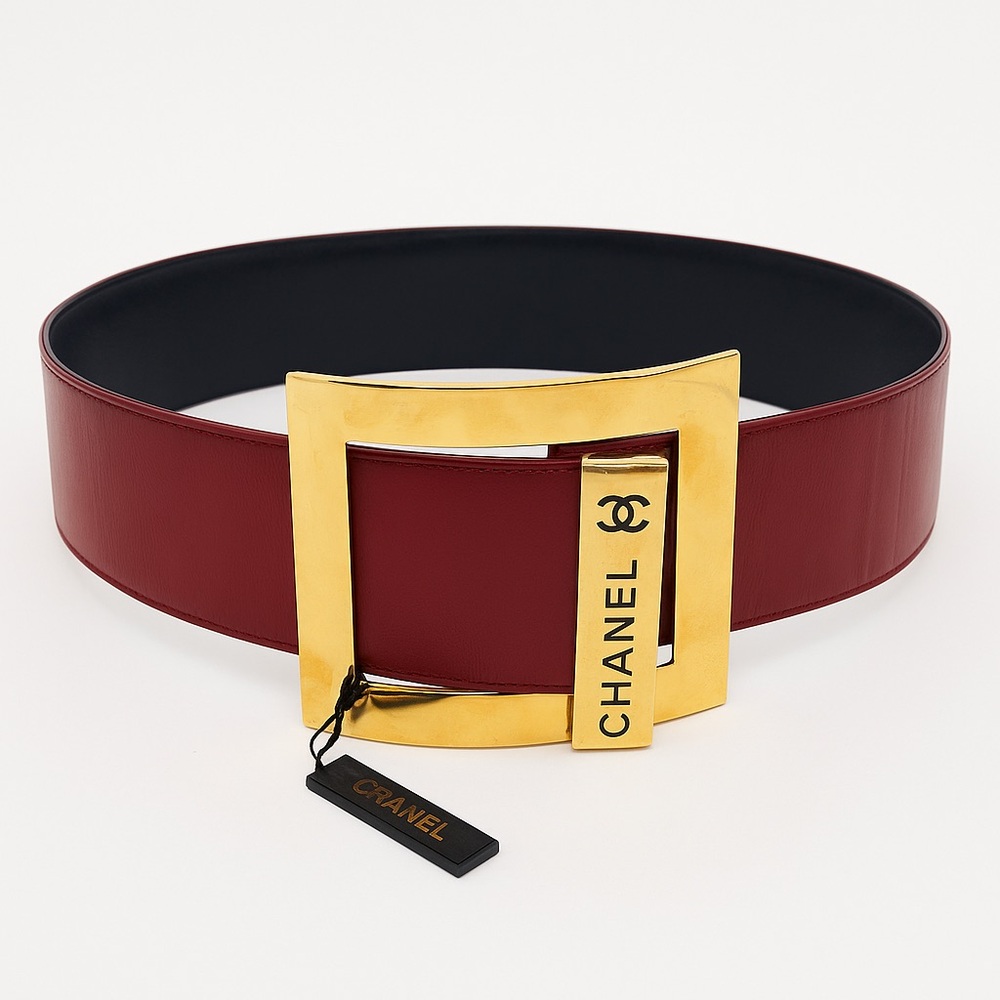 Vintage Chanel Burgundy Leather Gold Logo Buckle Waist Belt (Size 75)